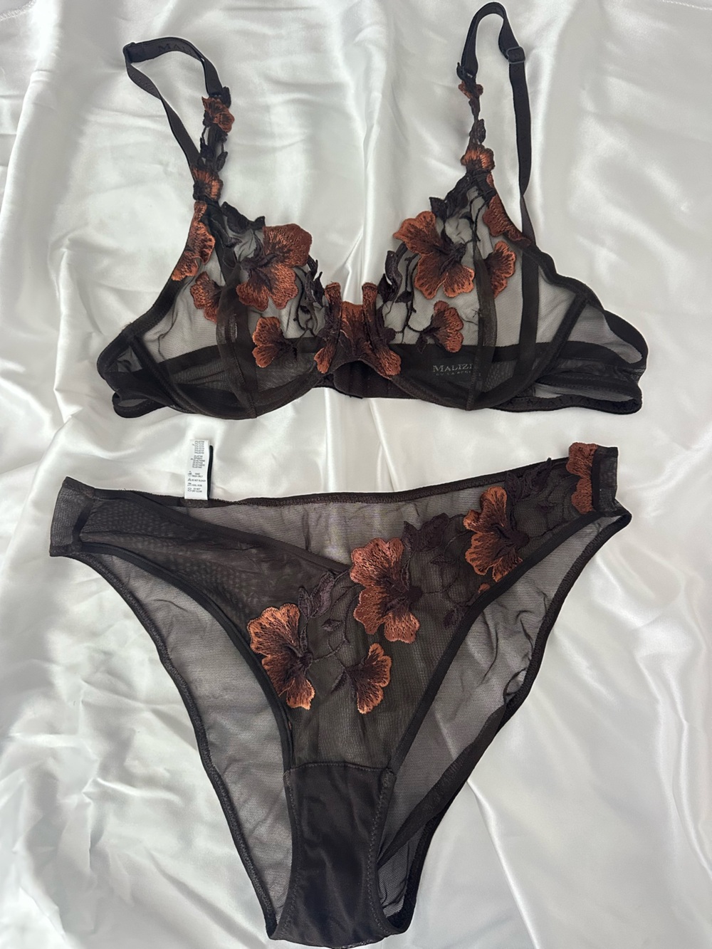 La Perla Sheer Bra Set with Copper Floral Appliqué